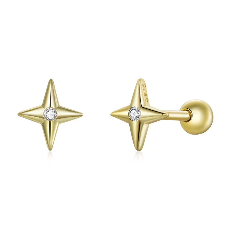 Gold star ear studs with round CZ center, hinged post-back style earrings.