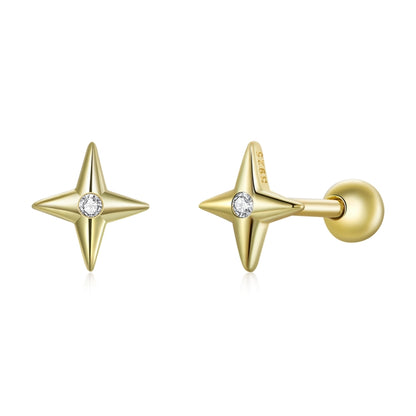 Gold star ear studs with round CZ center, hinged post-back style earrings.