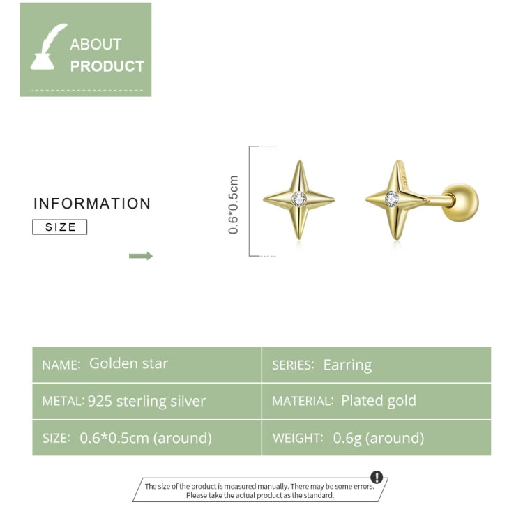 Gold star ear studs with round CZ center and ball post, shown with size diagram.