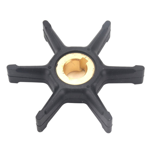 Black rubber water pump impeller with brass hub insert and four curved blades