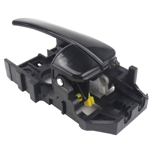 Left inside door handle assembly, black plastic with mounting brackets and latch parts
