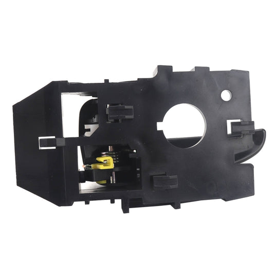 Black interior door handle latch mechanism with open frame and circular access hole