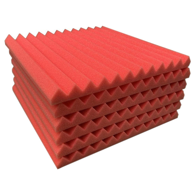 Red triangular-groove acoustic foam sound insulation panels, stacked set