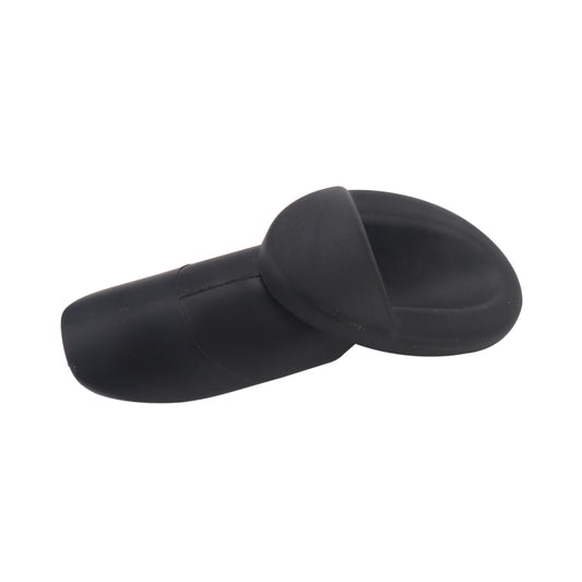 Black antenna base cap with oval head and short cylindrical stem, side view