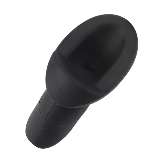 Black car antenna base cap with oval mounting head and cylindrical stem