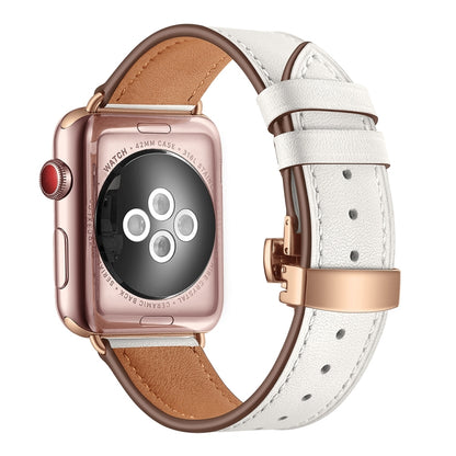Genuine leather watch band with rose gold butterfly buckle, white strap