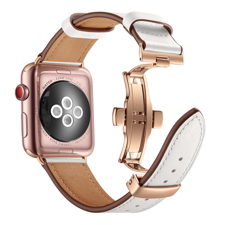 Genuine leather watch band with rose gold butterfly buckle, white and brown straps