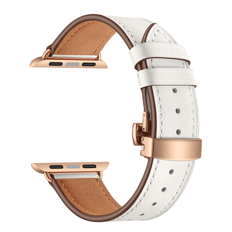 Genuine leather watch band with rose gold butterfly buckle, white strap