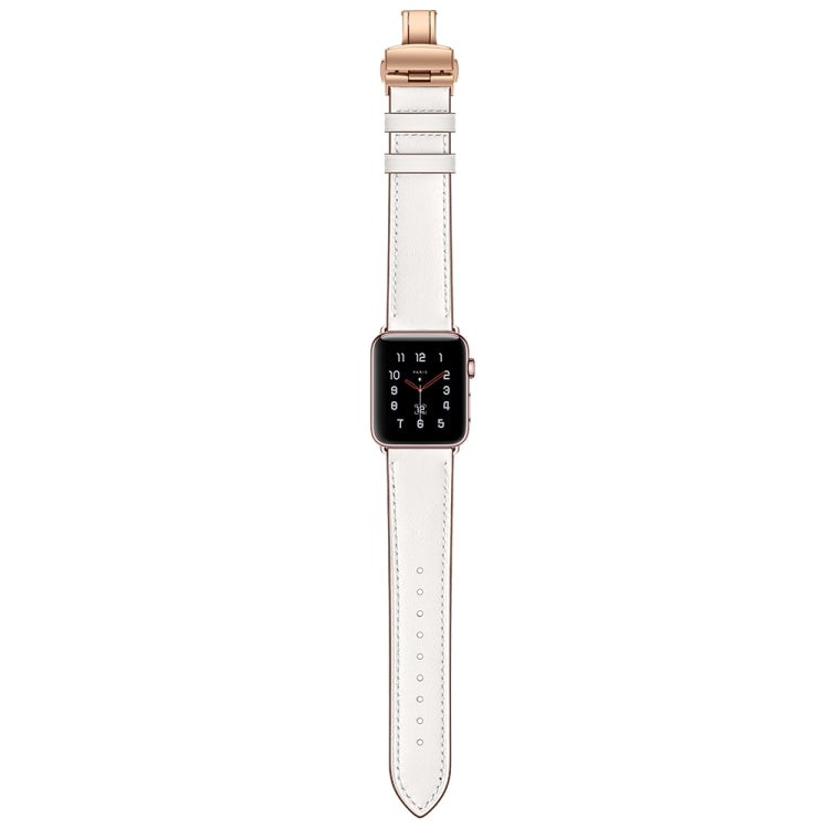 Genuine leather watch band with rose gold butterfly buckle, white strap and clasp