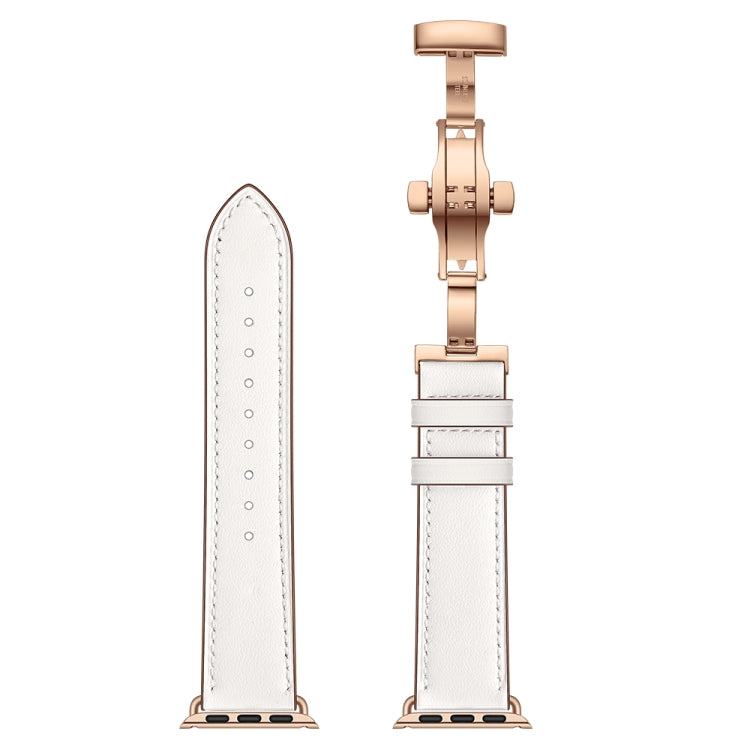 Genuine leather watch band with rose gold butterfly buckle, white strap pair