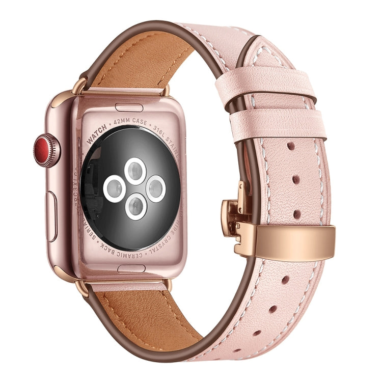 Genuine leather watch band with rose gold butterfly buckle, pink strap
