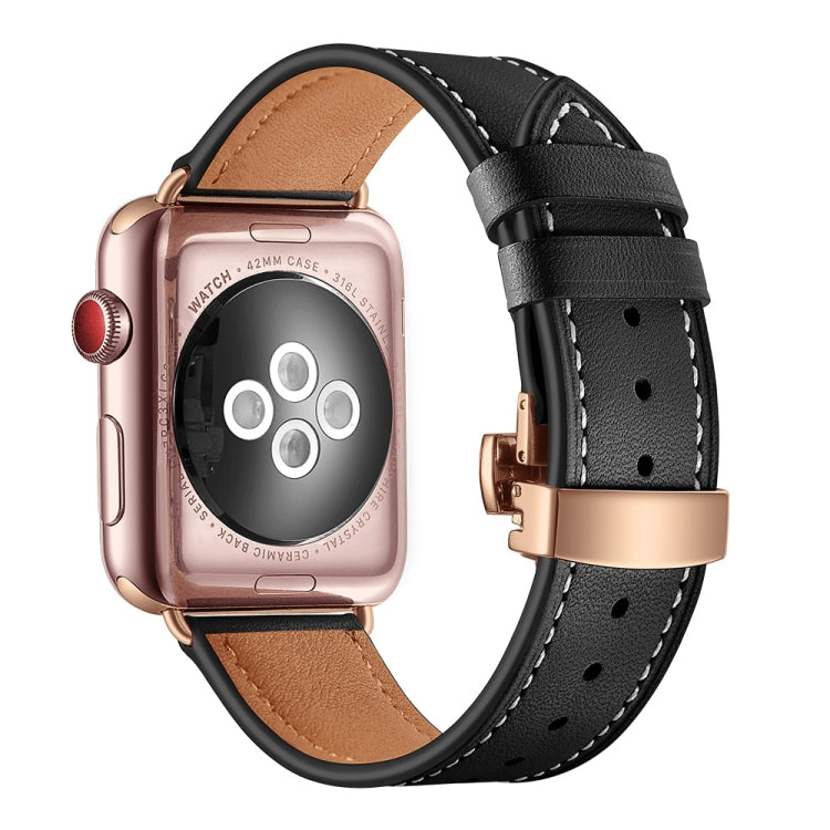 Genuine leather watch band with rose gold butterfly buckle, black strap