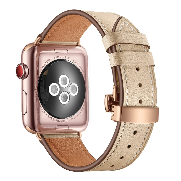 Genuine leather watch band with rose gold butterfly buckle, light apricot strap