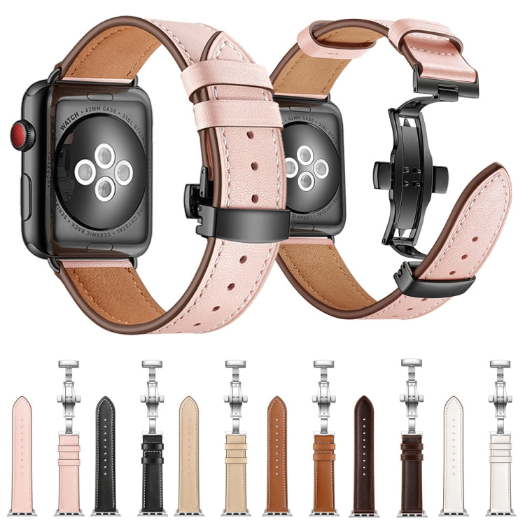 Light pink genuine leather watch band with rose gold butterfly buckle, pin holes