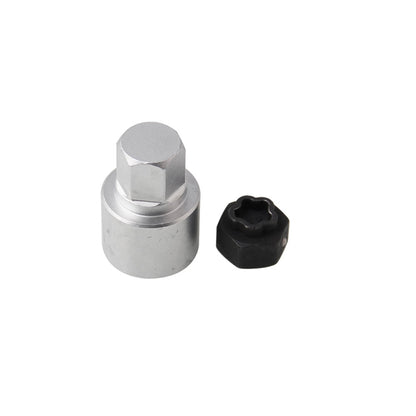 Wheel bolt lock key remover, silver socket tool with black key insert