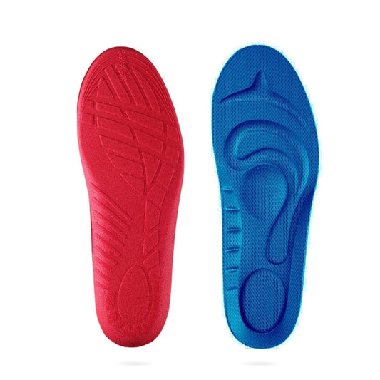 Full-length shoe insole pair with red underside and blue underside traction patterns