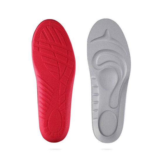 Full-length shoe insole pair with red underside traction and light gray top layer
