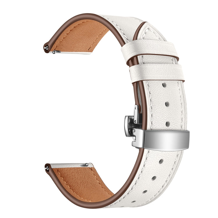 White leather replacement watch strap with silver butterfly buckle, close-up