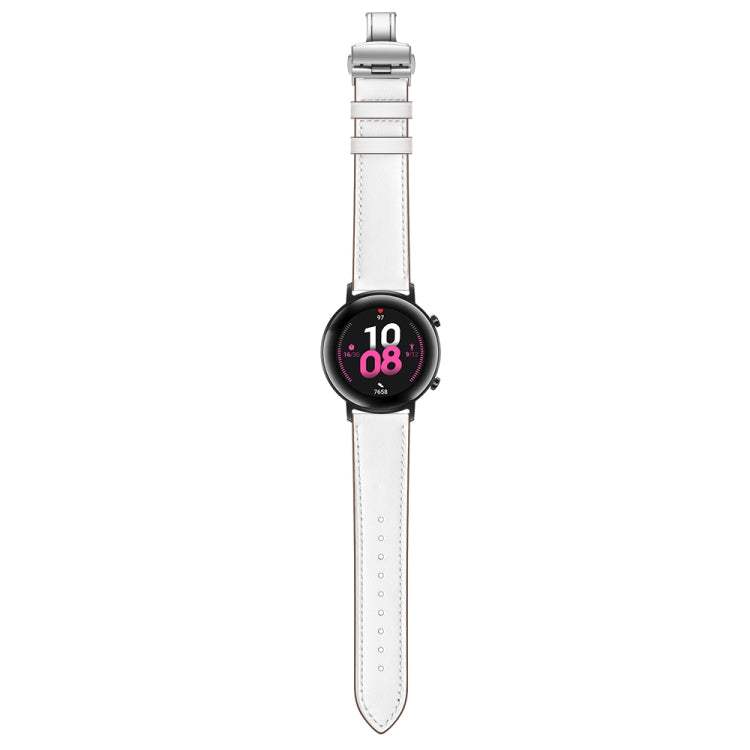 White leather replacement watch strap with silver butterfly buckle, on smartwatch