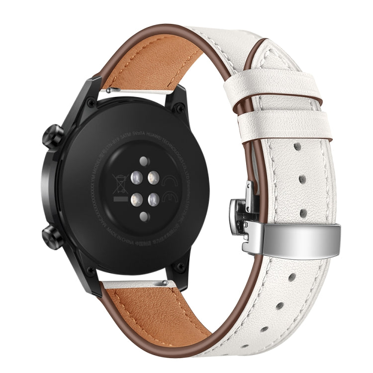 White leather replacement watch strap with silver butterfly buckle, on smartwatch