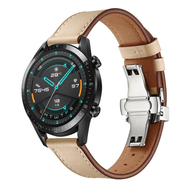 Leather replacement watch strap with silver butterfly buckle, light tan and brown leather