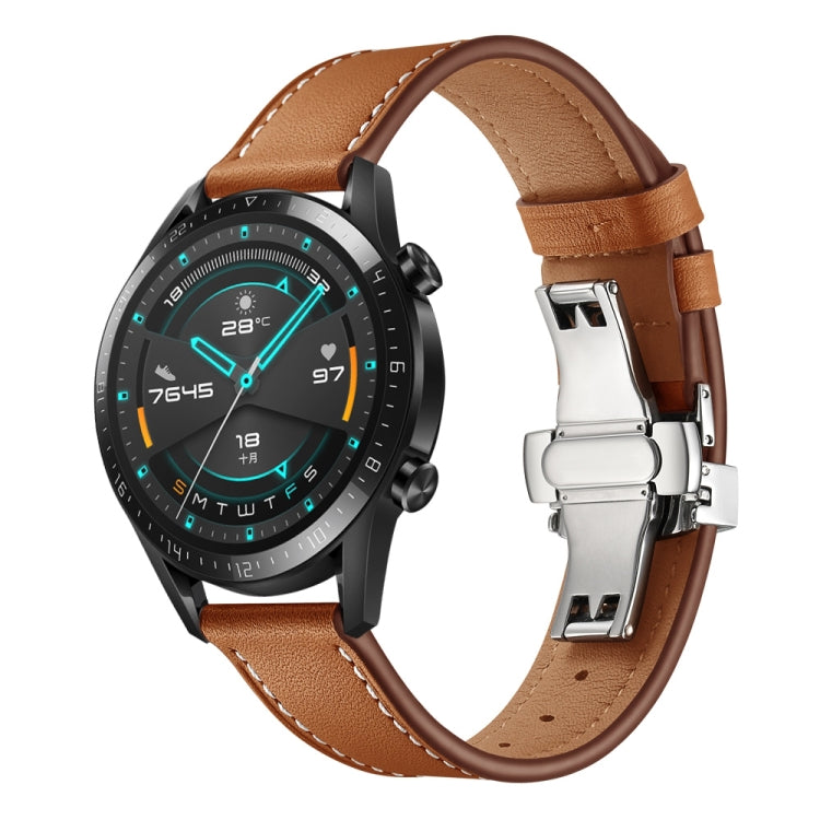 Leather replacement watch strap with silver butterfly buckle, medium brown leather