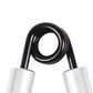 Wrist strength trainer close-up of black spring with silver mesh grip covers