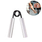 Wrist strength trainer with black spring and silver mesh grips, illustrated use