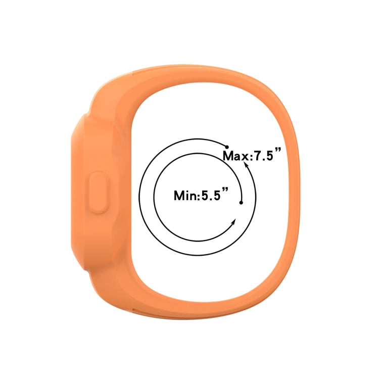 Orange silicone watch band sizing diagram: min 5.5 in, max 7.5 in