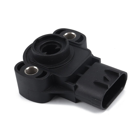 Black plastic throttle position sensor with metal mounting tabs and circular port