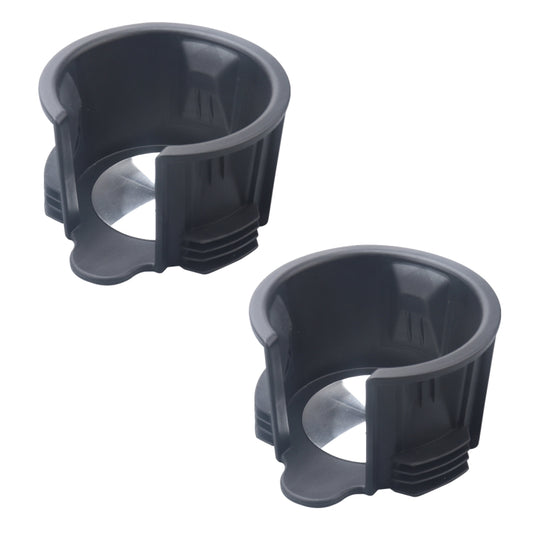 Car cup holder insert set, two dark plastic holders with side clips and open wells