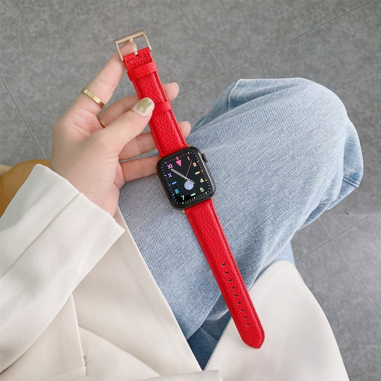 Sewing Thread Lychee Texture Leather Replacement Watchbands, For Apple Watch Ultra 49mm / Series 8&7 45mm / SE 2&6&SE&5&4 44mm / 3&2&1 42mm, For Series 7 41mm / 6 & SE & 5 & 4 40mm / 3 & 2 & 1 38mm