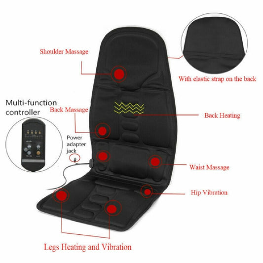 Black massage seat cushion with marked zones for shoulder, back, waist, and hips