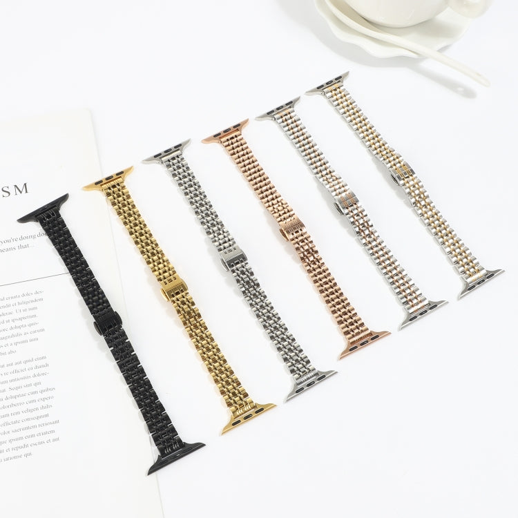 Stainless steel watchbands set: black, gold, rose gold, and silver straps