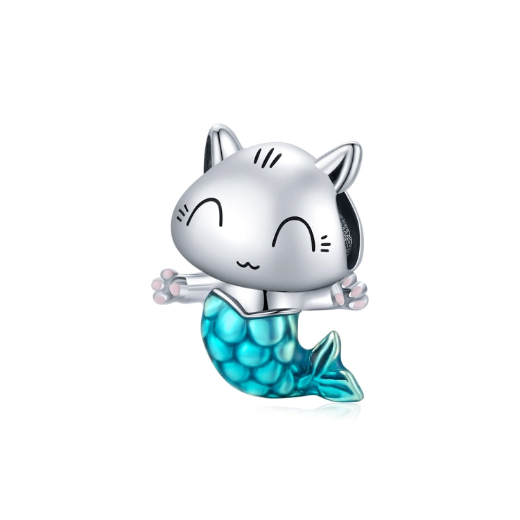 Sterling silver cat mermaid charm bead with turquoise blue enamel tail detail