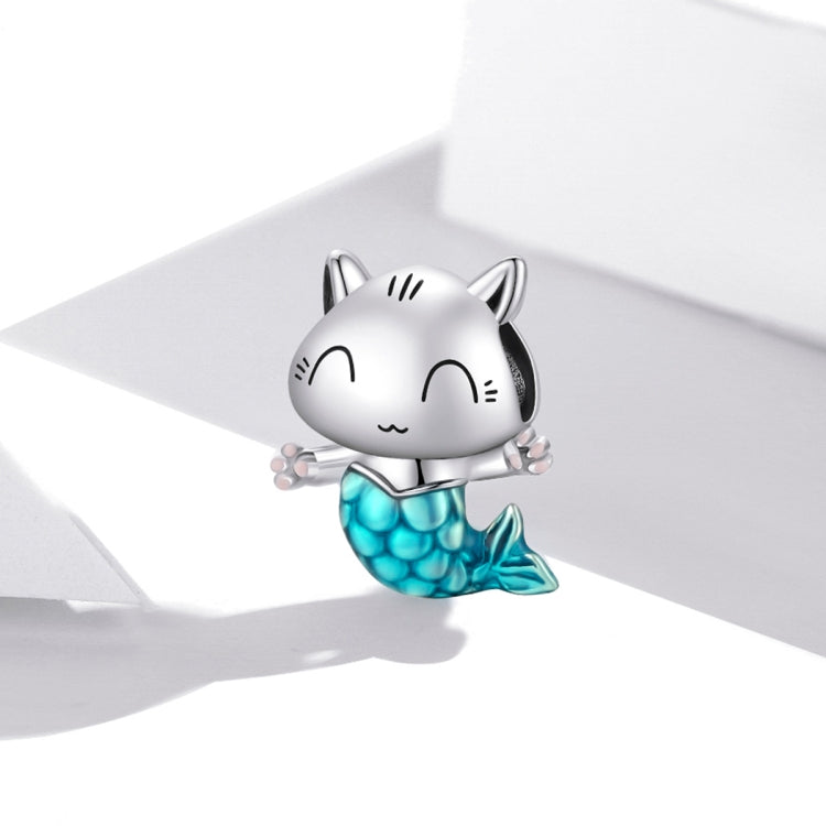 Cat mermaid charm bead in oxidized silver with turquoise blue enamel mermaid tail