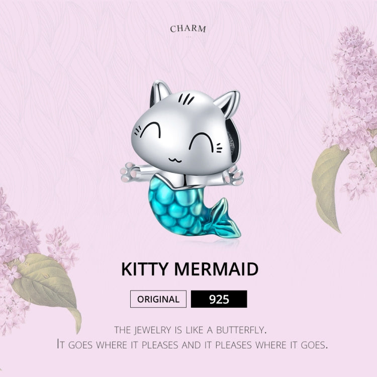 Kitty mermaid charm bead with silver cat face and turquoise blue enamel tail