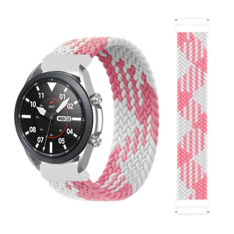 Adjustable nylon braided smartwatch strap in pink and gray with secure clasp