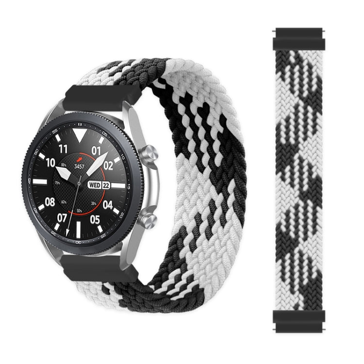 Braided elastic watchband in black and white zigzag weave with metal lugs.