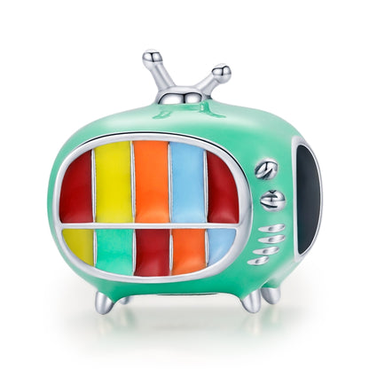 Green enamel TV-shaped mini charm bead with colorful screen, for silver bracelet