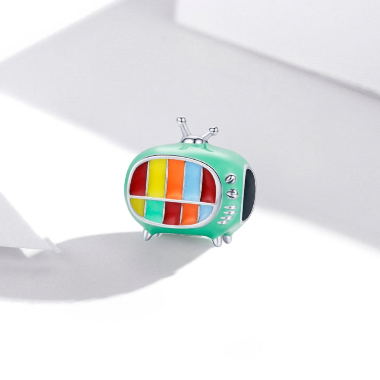 Small green TV charm bead with colorful horizontal screen stripes
