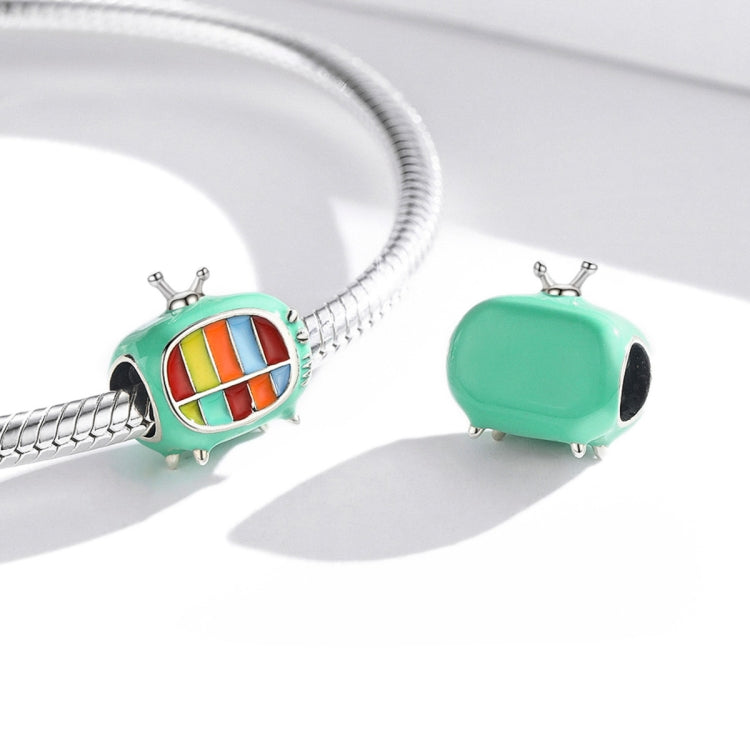 Sterling silver charm bead with green TV enamel and multicolor striped front