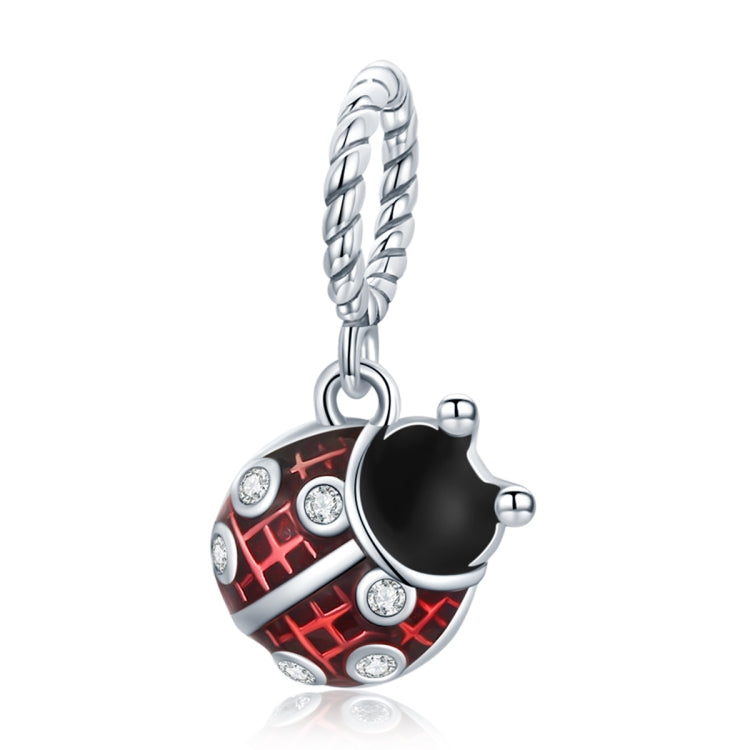 Silver ladybug pendant charm with red enamel and black center on twisted chain