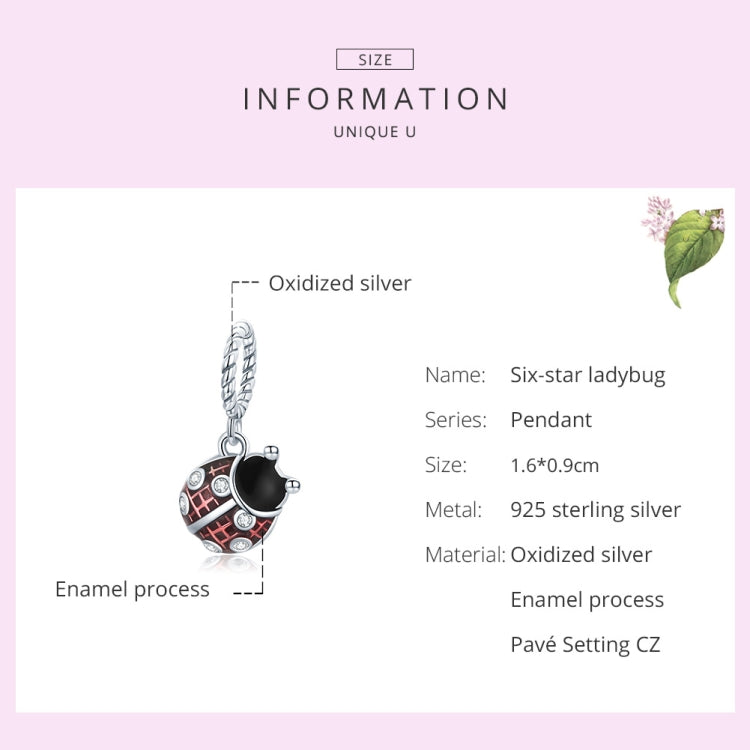 Ladybug pendant charm with red-and-black enamel on a silver chain, shown on info card