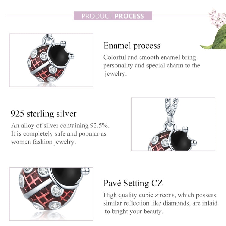 Ladybug pendant charm with red enamel and black center on silver chain, product process graphic