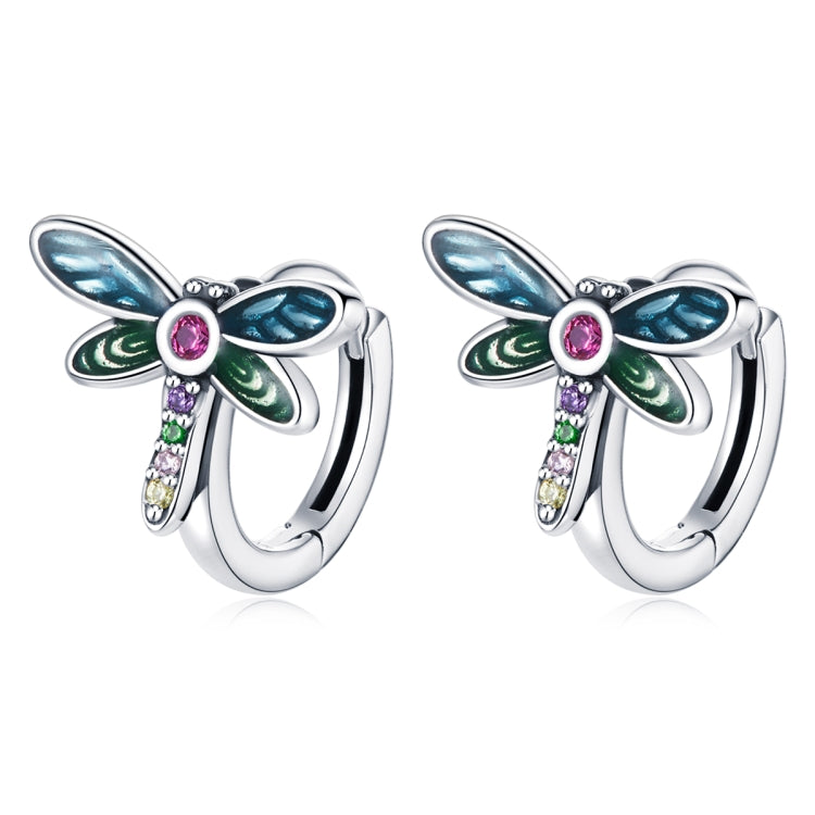 Sterling silver dragonfly ear stud earrings with blue wings, green accents, and pink center gem