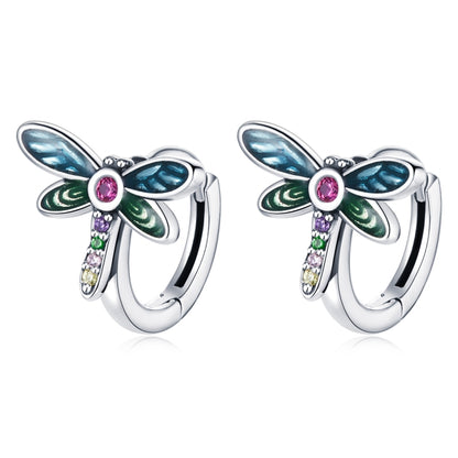 Sterling silver dragonfly ear stud earrings with blue wings, green accents, and pink center gem
