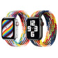 Two rainbow braided single-loop watchbands with Apple Watch displays, multicolor weave