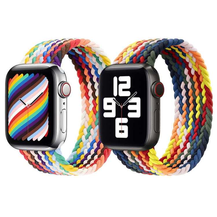 Two rainbow braided single-loop watchbands with Apple Watch displays, multicolor weave