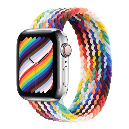 Rainbow braided single-loop watchband with multicolor weave for a square smartwatch